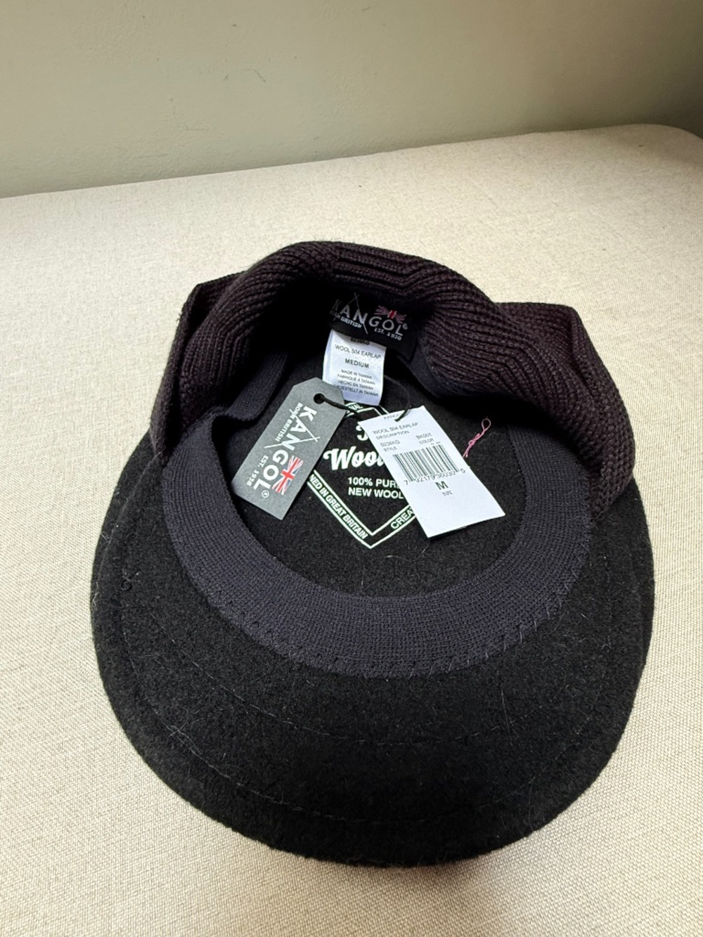 Black Kangol Wool Ear Flap Hat Cap New With Tags